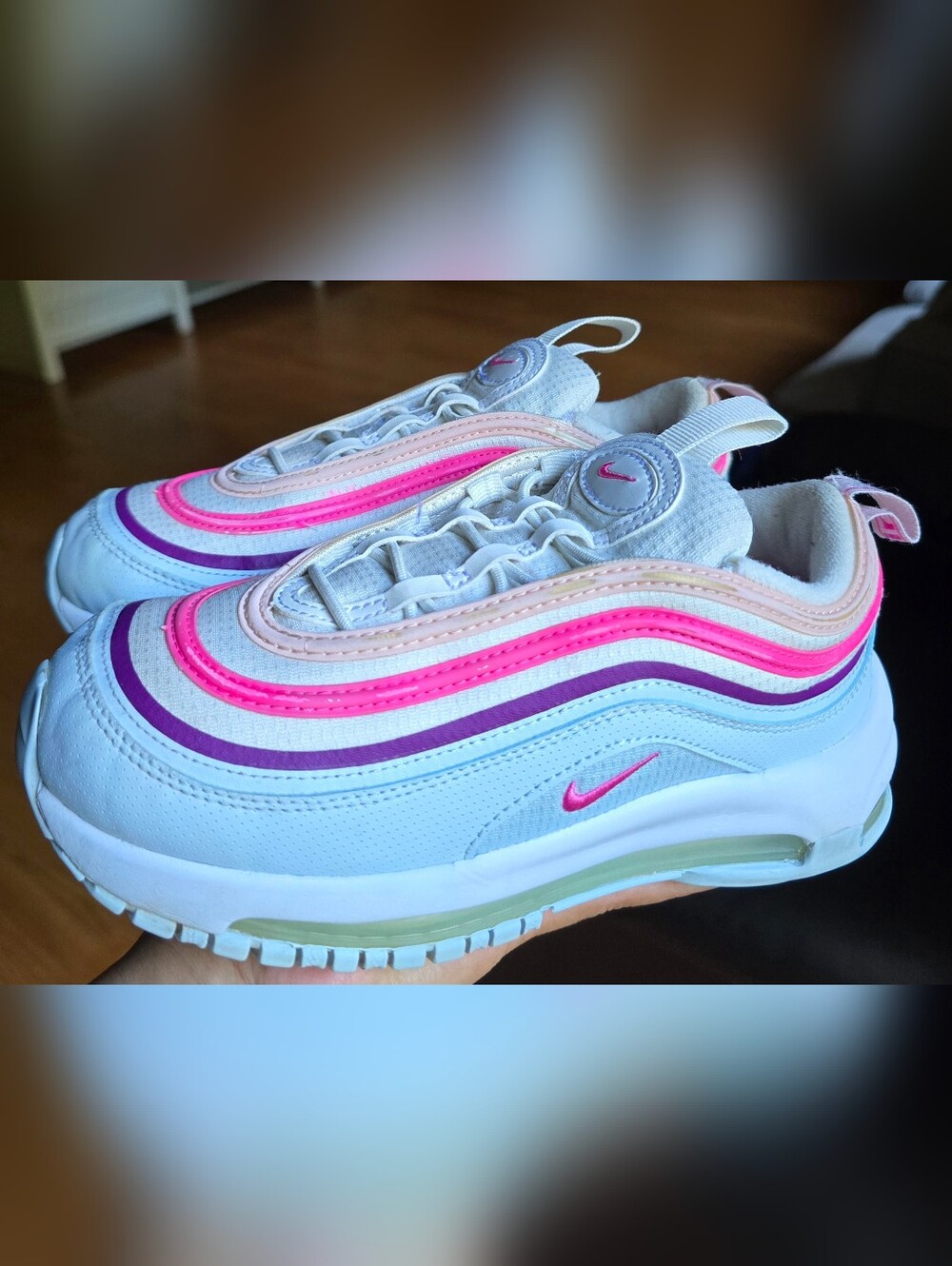 Sz 1Y Little Girl's NIKE AIR MAX '97 GS 'Summit White/Blue Tint/Violet/Pinksicle